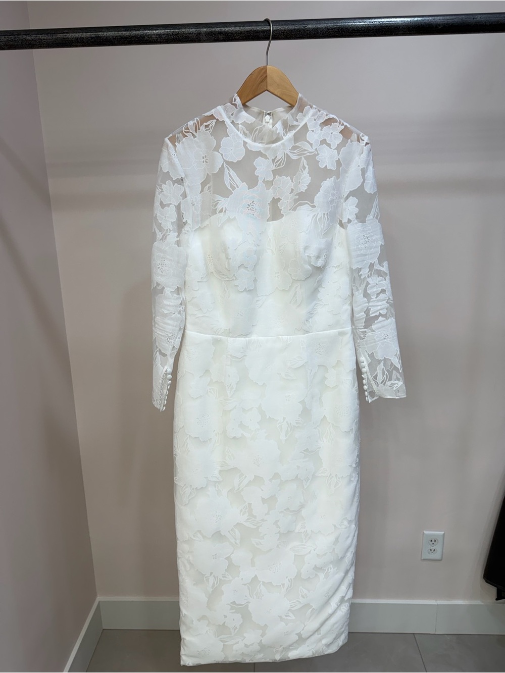Lace Overlay White Midi Dress with Sheer Floral Bodice